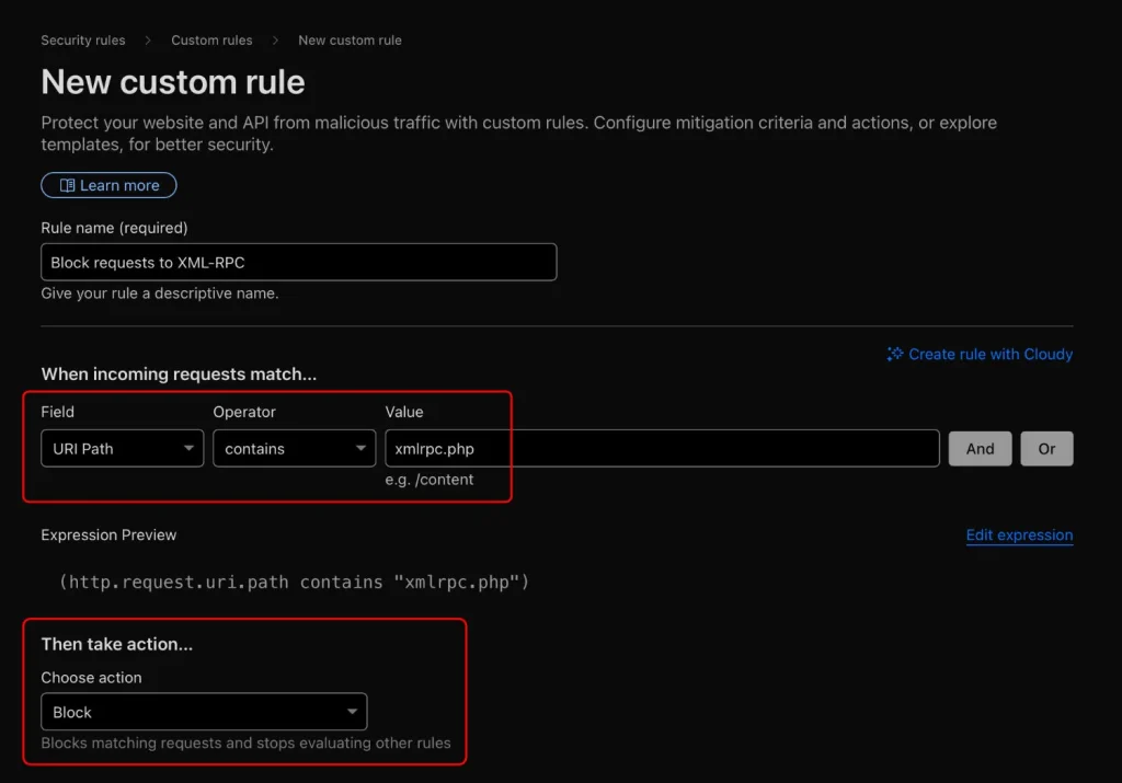 Block xmlrpc on cloudflare