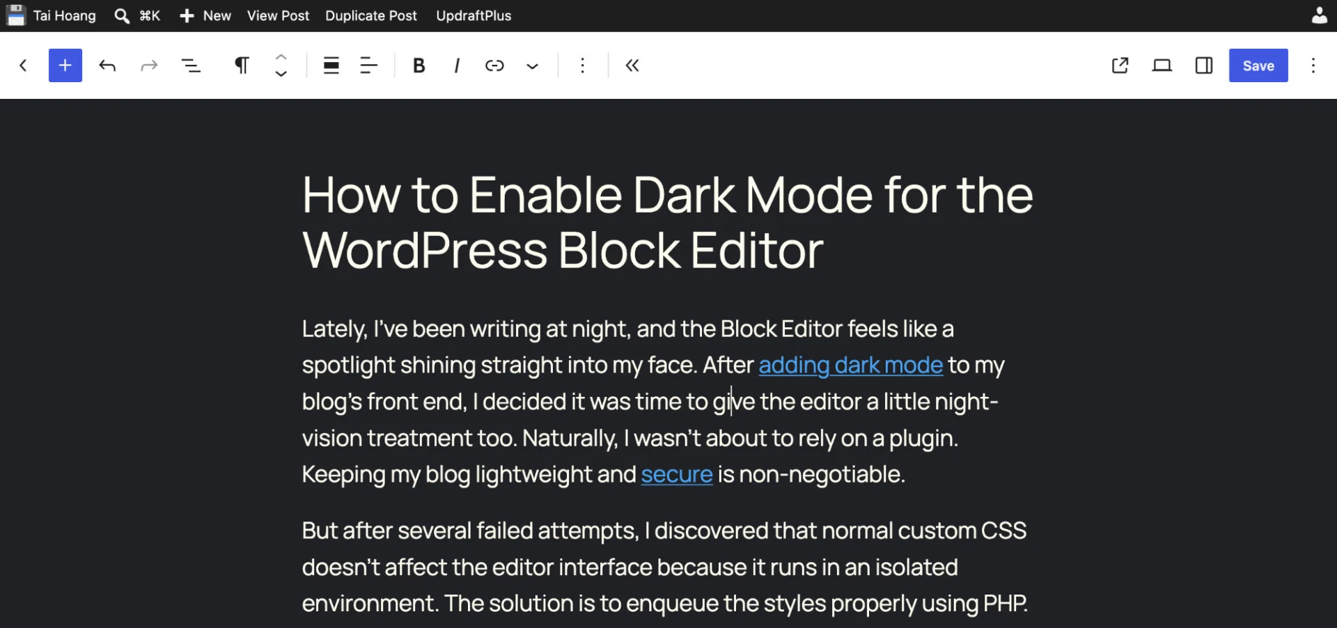 WordPress dark mode editor